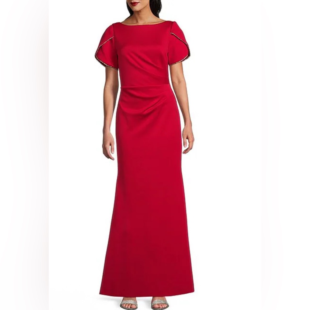 Jessica Howard Boat Neck Tulip Sleeve Rhinestone Trim Sheath Gown